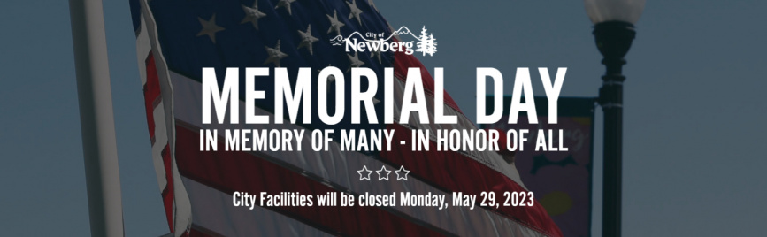 An image of a flag waving with text: city facilities closed may 29th for memorial day