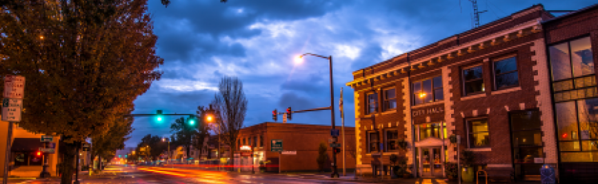 Photo of downtown Newberg at night taken by R. Sage Photography