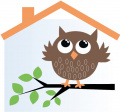 brown owl on a branch under an orange roof