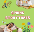 "Spring Storytimes" Image of birds, flowers, and families reading together