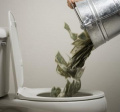A person dumping money from a bucket down a toilet