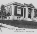 old image of Newberg Carnegie Library that says "Public Library Newberg, Oregon"