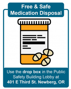 A minimalist illustration of a pill bottle. Text: Free and Safe Medication Disposal. Use the drop box in Public Safety Building