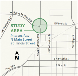 an image identifying the study area which is the intersection of n main st and illinois street (hwy 240)