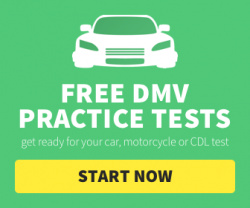 Green and yellow graphic that says "Free DMV Practice Tests" and a button that says "Start Now"