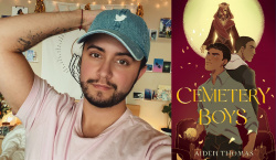 Photo of author Aiden Thomas and the cover of Cemetery Boys