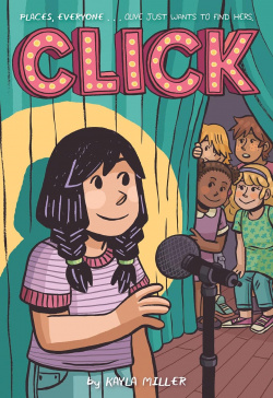 "Click" Image of a girl speaking into a microphone on a stage
