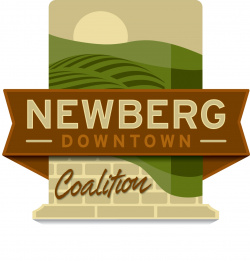 Newberg Downtown Coalition Logo with rolling hills, the sun, and brick wall