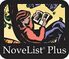 NoveList Plus logo with a drawing of someone reading a book leaning against a vine