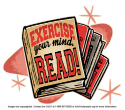Graphic of a book that says "Excercise your mind, READ!