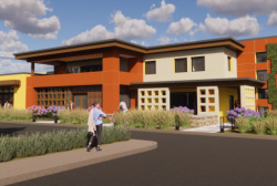 This is an artist rendering of the Virginia Garcia expansion. Two story building, with a woman walking, holding a baby. 