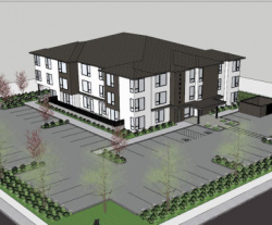 Illustrative drawing of proposed The Haworth apartment building, white and black three-story building and parking lot.