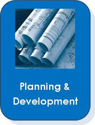 blue border surrounding building plans and the words "Plannin & Development"