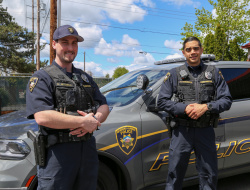Officer Robert Mitchell and Officer Ariel Siqueiros wearing the new Axon Body worn cameras