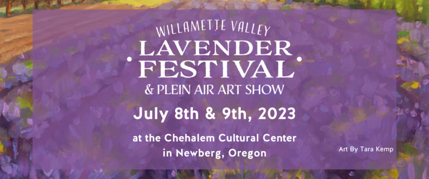 A painting of a lavender field with text over it detailing time and location of the lavender festival, also found in post