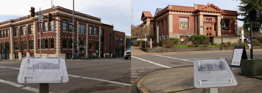 Side by side photo of Newberg City Hall and the Newberg Public Library with the historical placard in the photo