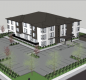 Illustrative drawing of proposed The Haworth apartment building, white and black three-story building and parking lot.